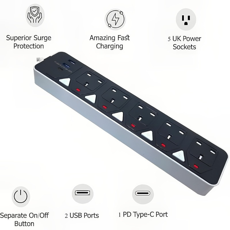 توصيلة كهربائية ليندا 5 مخارج مع منافذ USB و Type-C بطول 3 متر | LEYENDA ST-8935