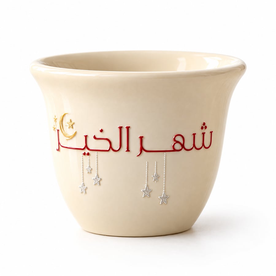 فنجان شهر الخير بلون سكري وزخارف ذهبية وعنابية