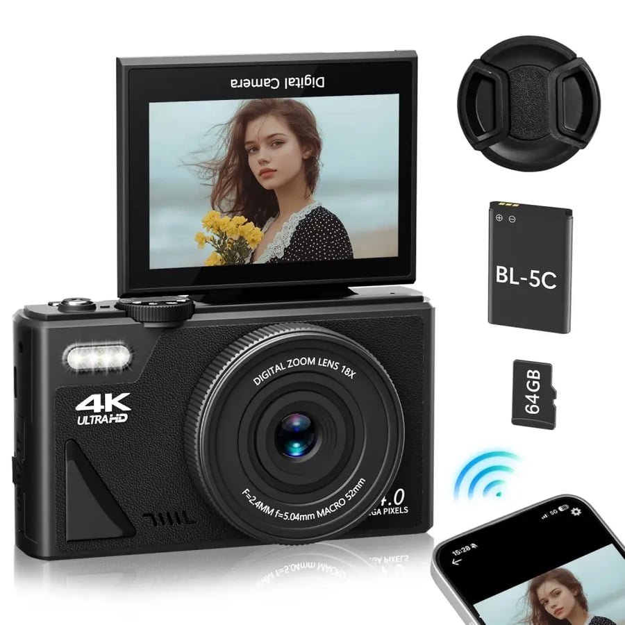 كاميرا رقمية 4K 64MP 18X بشاشة 3 بوصة قابلة للطي