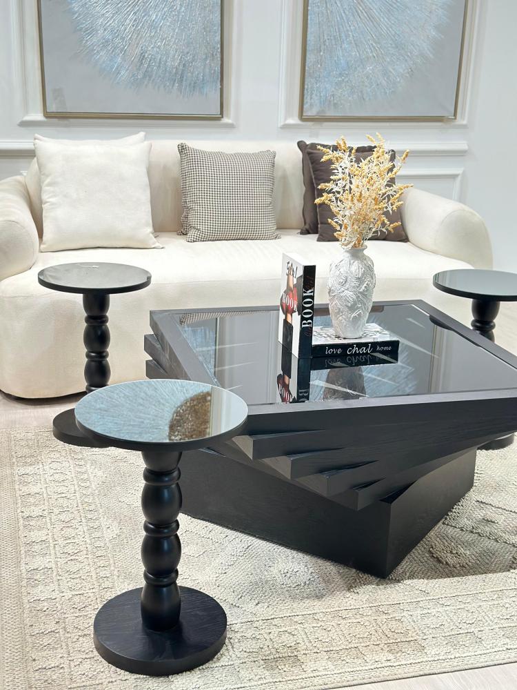 طقم طاولات مربع سنديان 7 قطع اسود