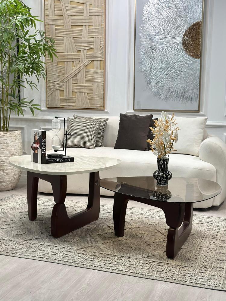 Two coffee tables, the first with a travertine marble surface with a smooth texture, and the second with a glass surface. Their bases are wood in a brown color.