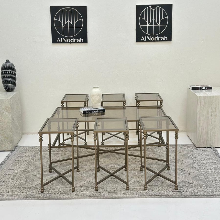 Set of 7 tables, glass surface, iron base, olive metallic color