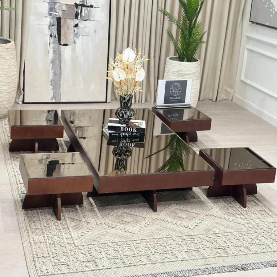 Floor set of 5 pieces with mirror surface and wooden base, brown color