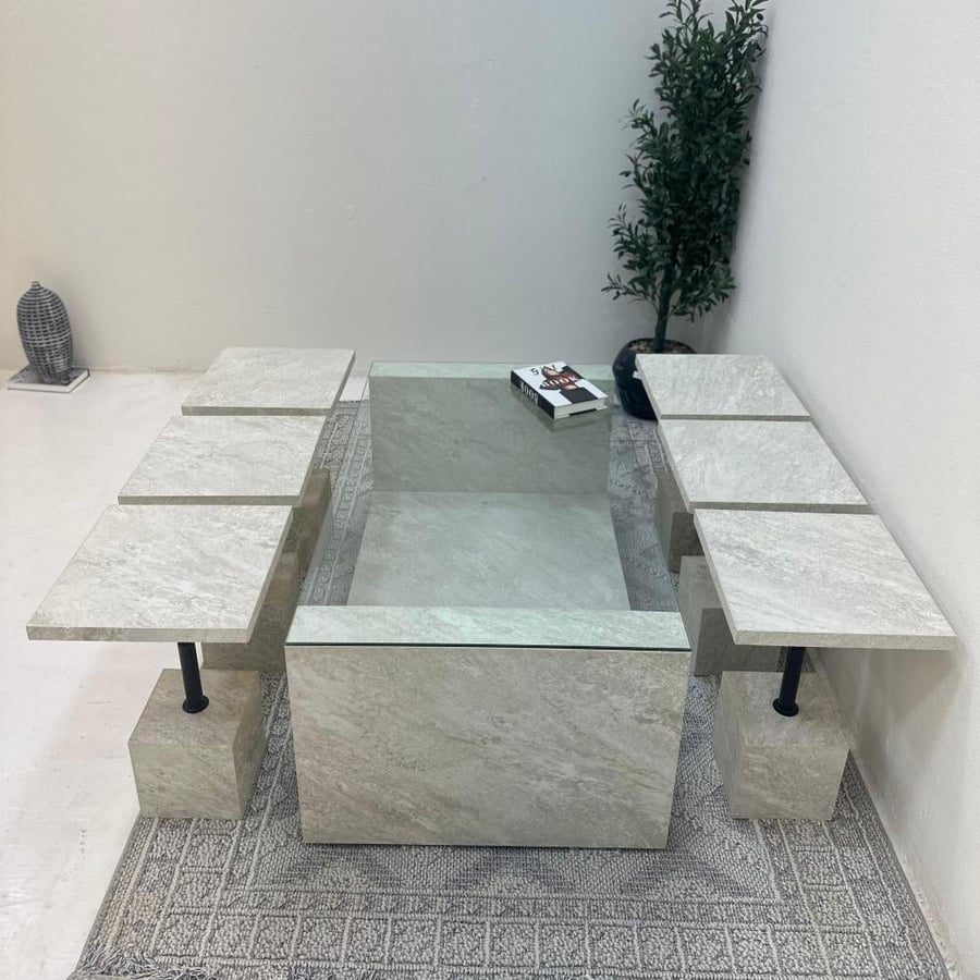 Y U table set 7 pieces glass surface rough stone base