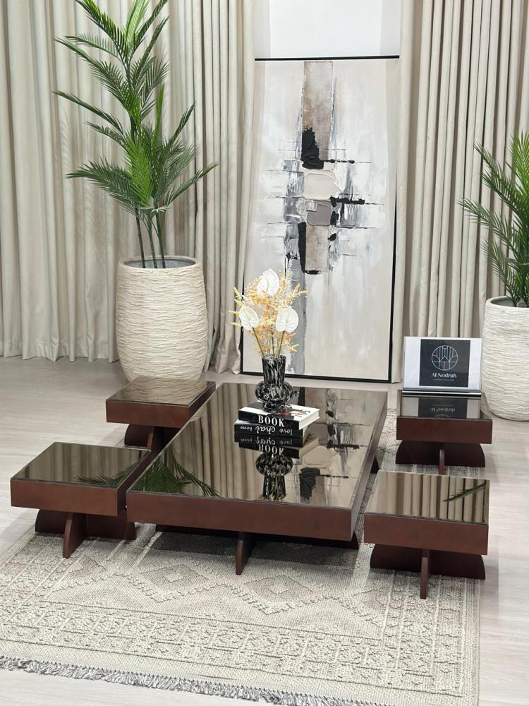 Floor set of 5 pieces with mirror surface and wooden base, brown color