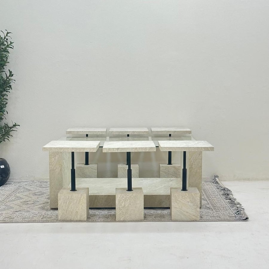 Y U table set 7 pieces glass surface rough stone base