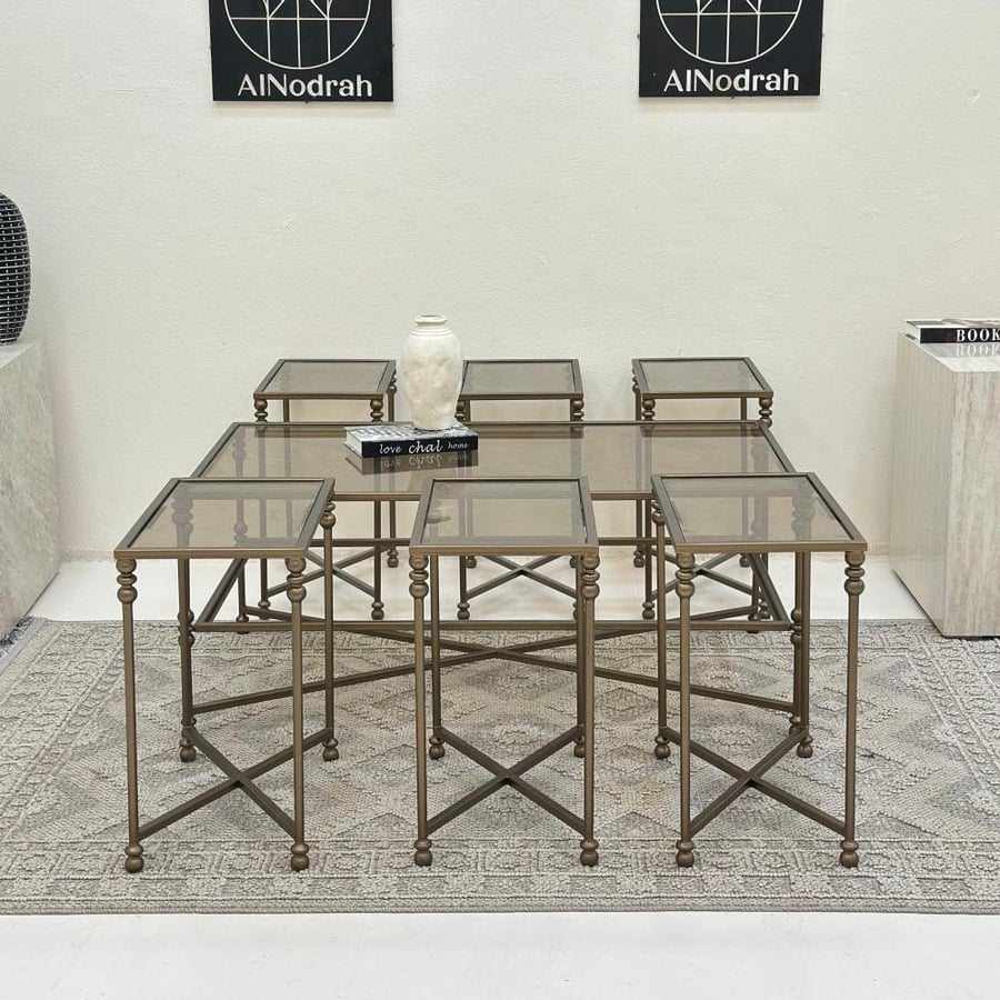 Set of 7 tables, glass surface, iron base, olive metallic color