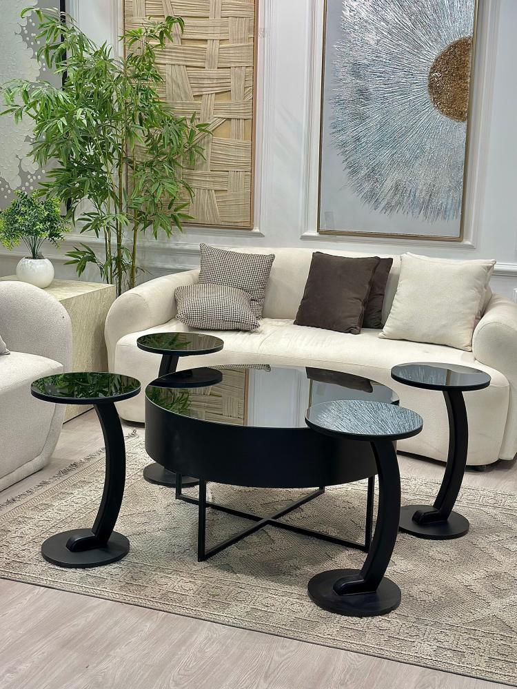 Round table set with black mirrors, 5 pieces