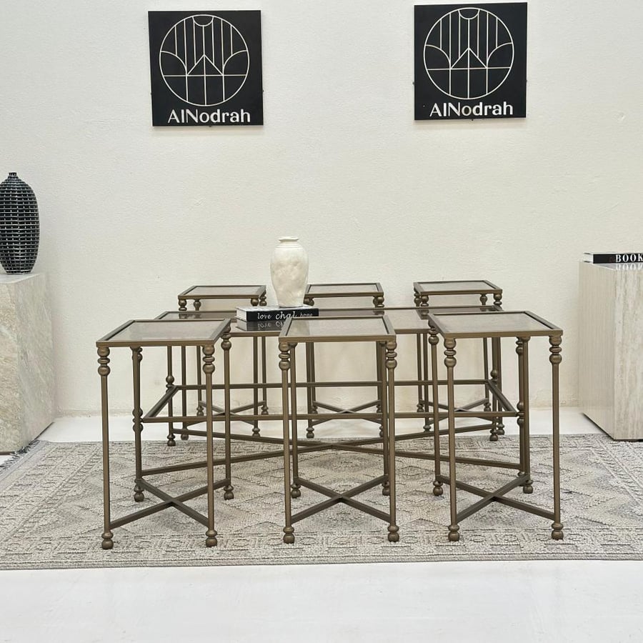 Set of 7 tables, glass surface, iron base, olive metallic color