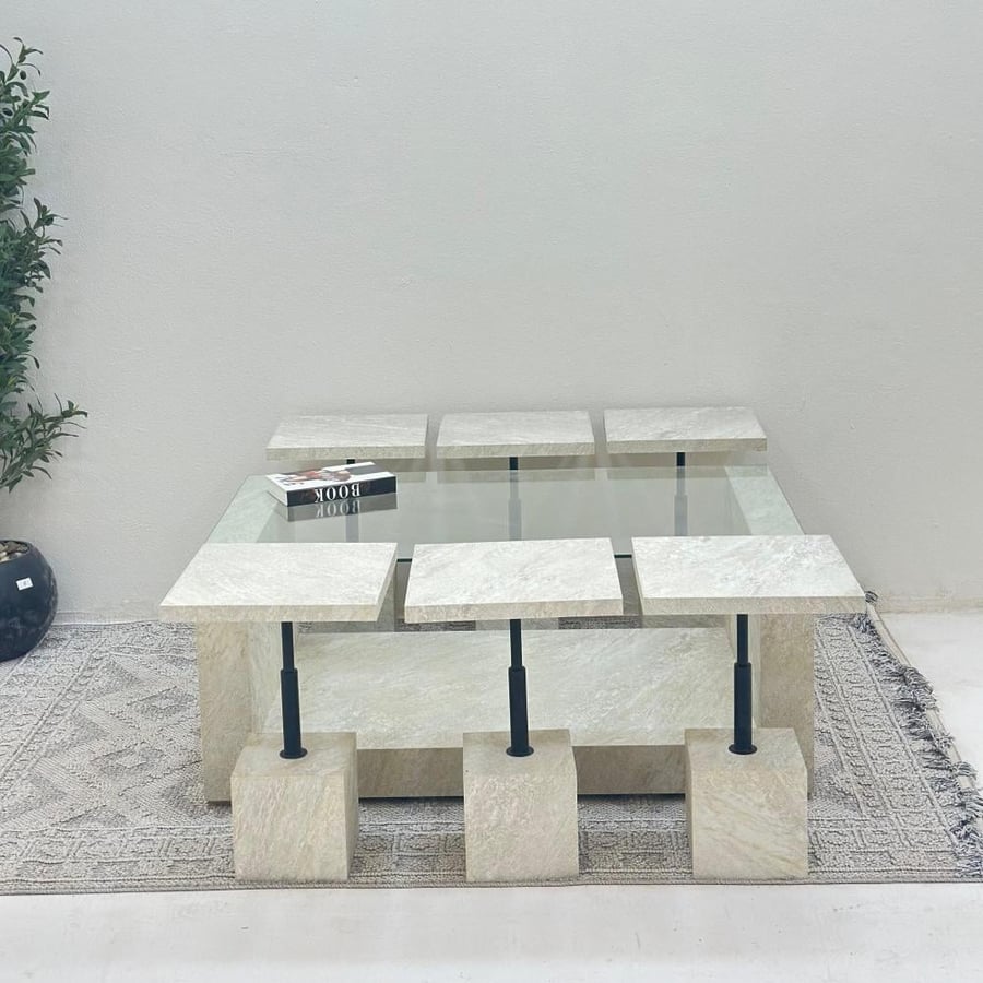 Y U table set 7 pieces glass surface rough stone base