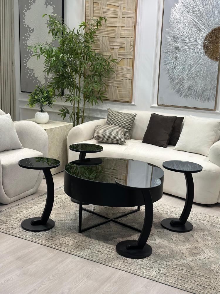 Round table set with black mirrors, 5 pieces
