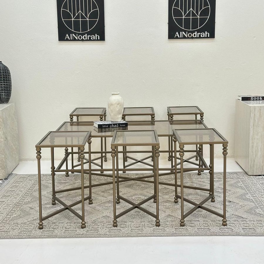Set of 7 tables, glass surface, iron base, olive metallic color