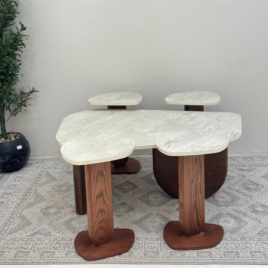 Set of 5 tables, surface with stone alternative, rough texture, oak wood base