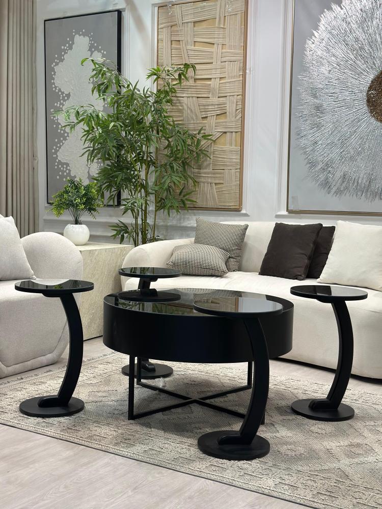 Round table set with black mirrors, 5 pieces