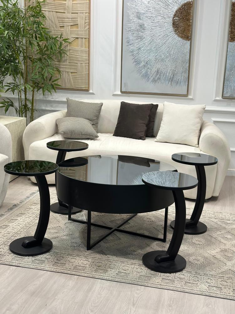 Round table set with black mirrors, 5 pieces