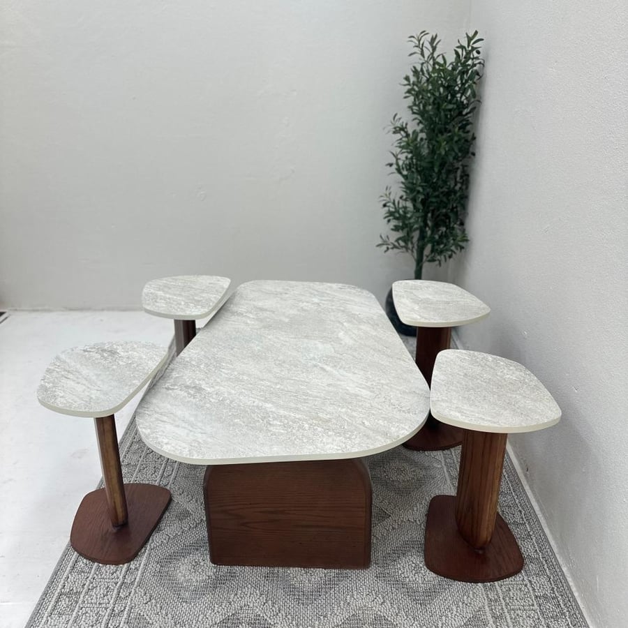 Set of 5 tables, surface with stone alternative, rough texture, oak wood base