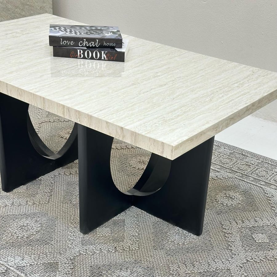 Coffee table surface with marble alternative, wooden base, black color