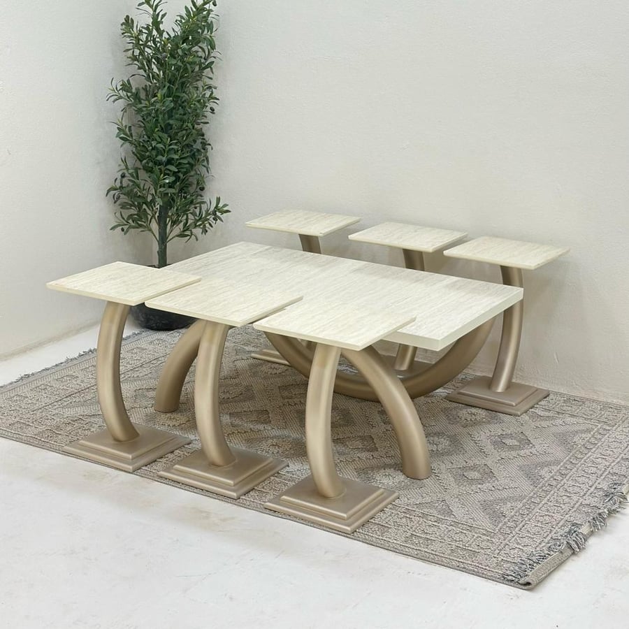 Set of 7 tables with marble-like surface, smooth texture, wooden base, mixed color