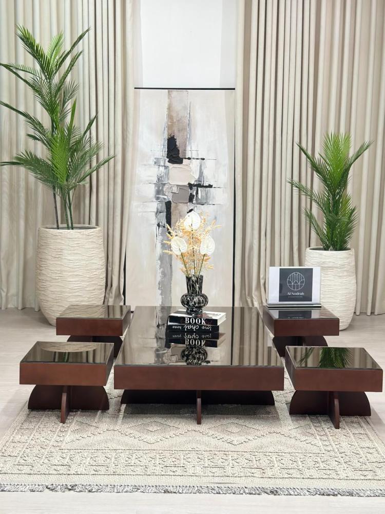 Floor set of 5 pieces with mirror surface and wooden base, brown color
