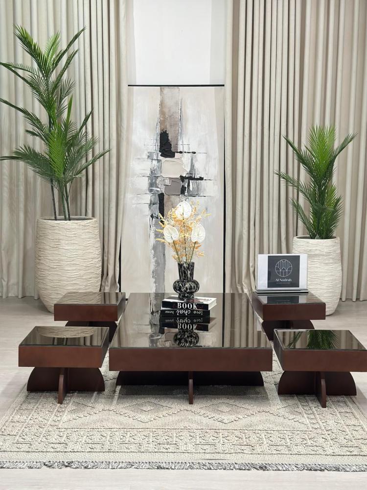 Floor set of 5 pieces with mirror surface and wooden base, brown color