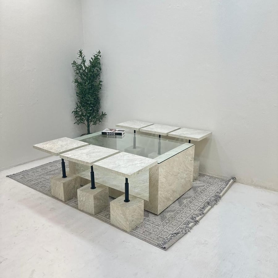 Y U table set 7 pieces glass surface rough stone base