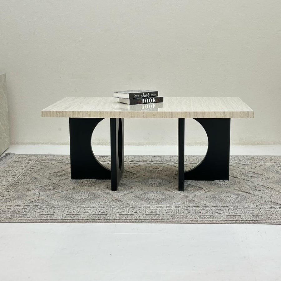 Coffee table surface with marble alternative, wooden base, black color