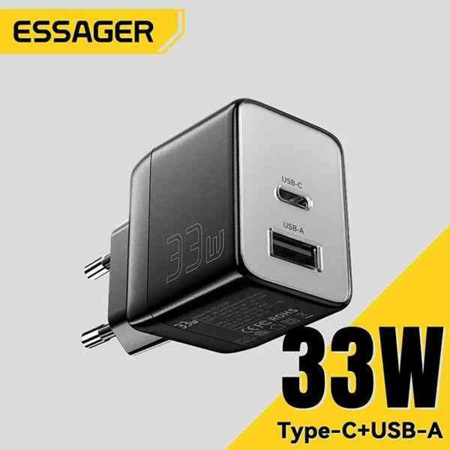 شاحن جدارى أصلى من esessager 33W من النوع USB A+C مع شحن سريع، مع ميزة QC 33واط للشحن السريع