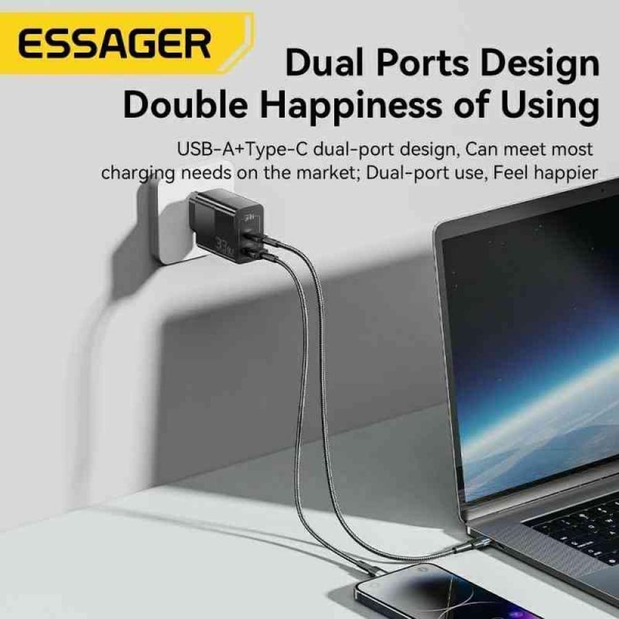 شاحن جدارى أصلى من esessager 33W من النوع USB A+C مع شحن سريع، مع ميزة QC 33واط للشحن السريع