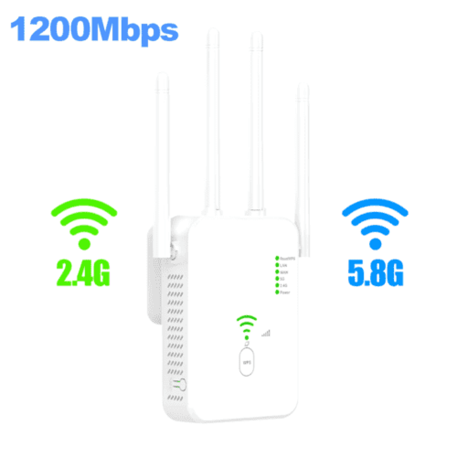 موسع واي فاي ، مضخم اشارة واي فاي 1200 ميجابت في الثانية، مكرر لاسلكي مزدوج النطاق 2.4 و5GHz (9800 قدم مربع)، مع منفذ ايثرنت ووضع AP، 4 هوائيات تغطية 360 درجة