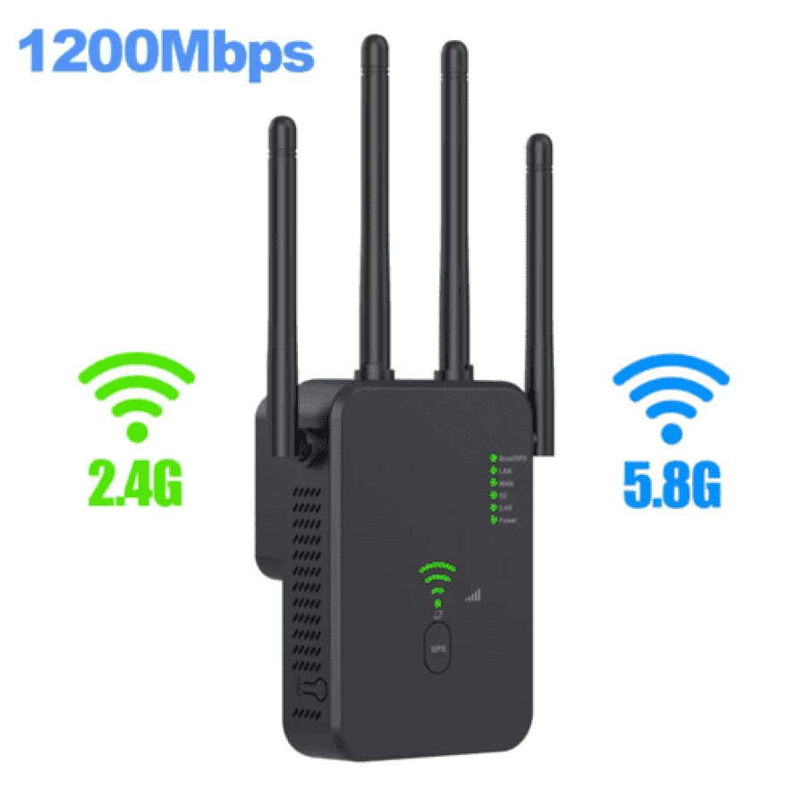 موسع واي فاي ، مضخم اشارة واي فاي 1200 ميجابت في الثانية، مكرر لاسلكي مزدوج النطاق 2.4 و5GHz (9800 قدم مربع)، مع منفذ ايثرنت ووضع AP، 4 هوائيات تغطية 360 درجة