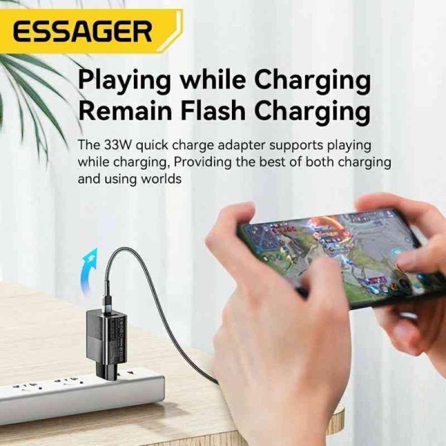شاحن جدارى أصلى من esessager 33W من النوع USB A+C مع شحن سريع، مع ميزة QC 33واط للشحن السريع
