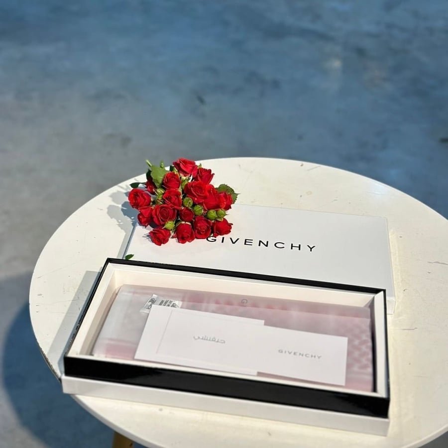GIVENCHY classic shemagh, latest edition, and natural flower arrangement