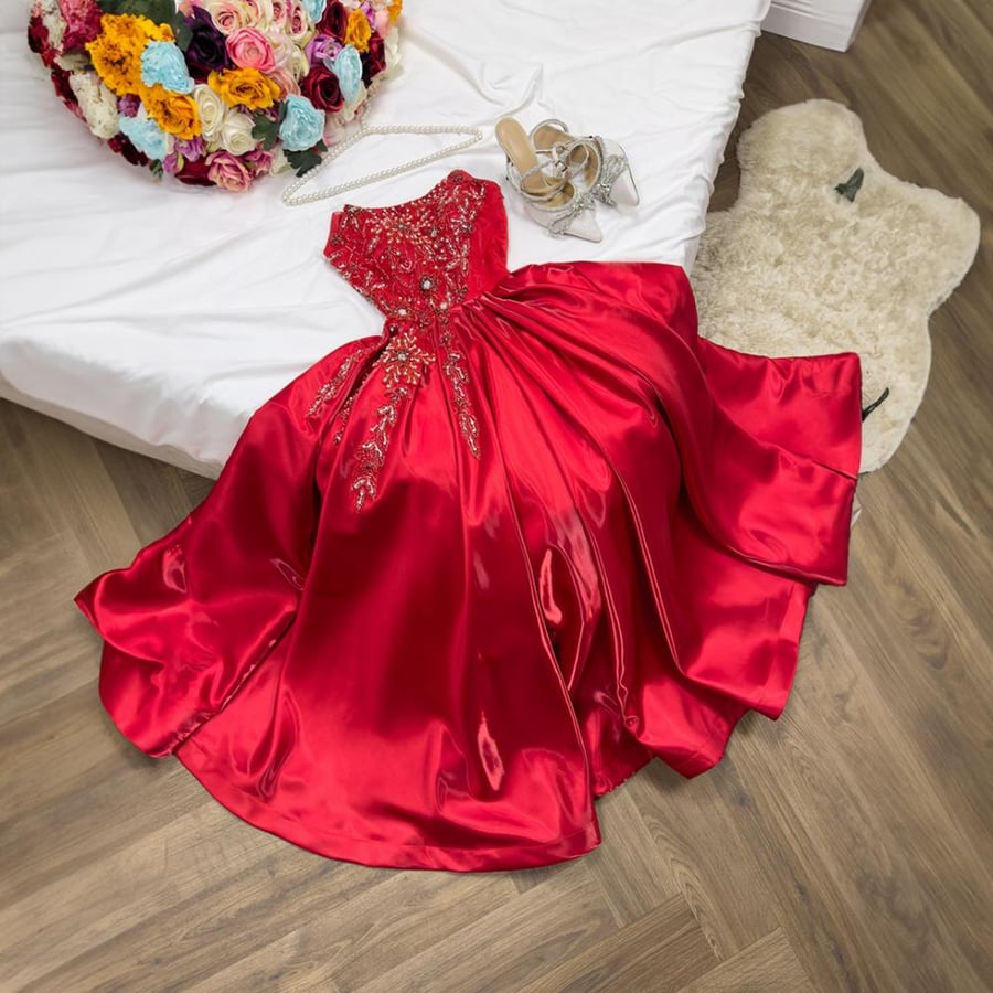 Evening dress, Mikado fabric, shiny, hand-embroidered