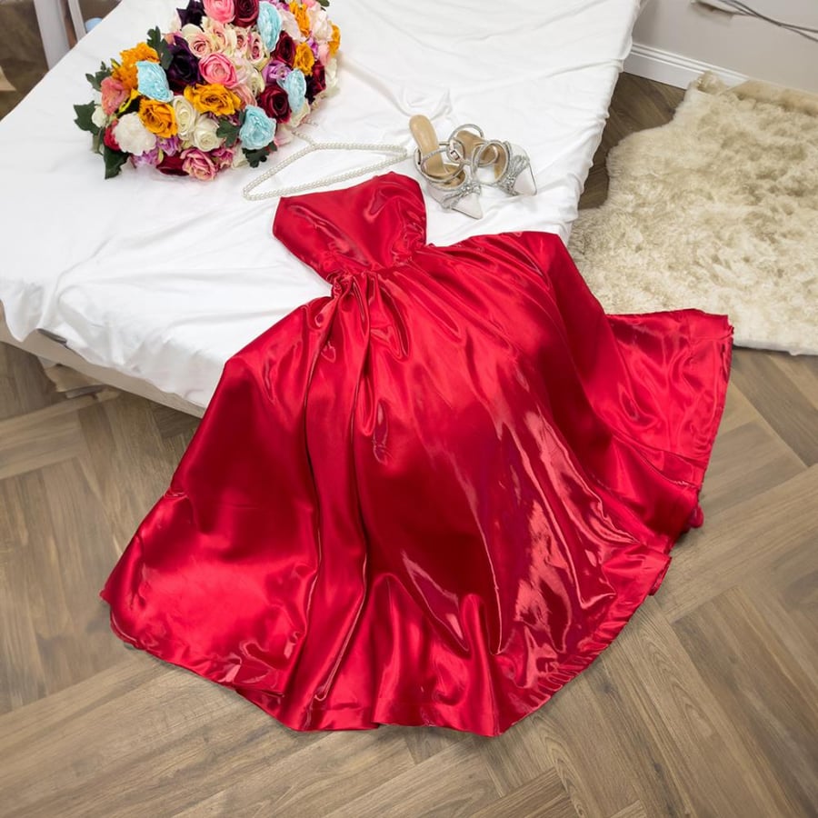 Evening dress, Mikado fabric, shiny, hand-embroidered
