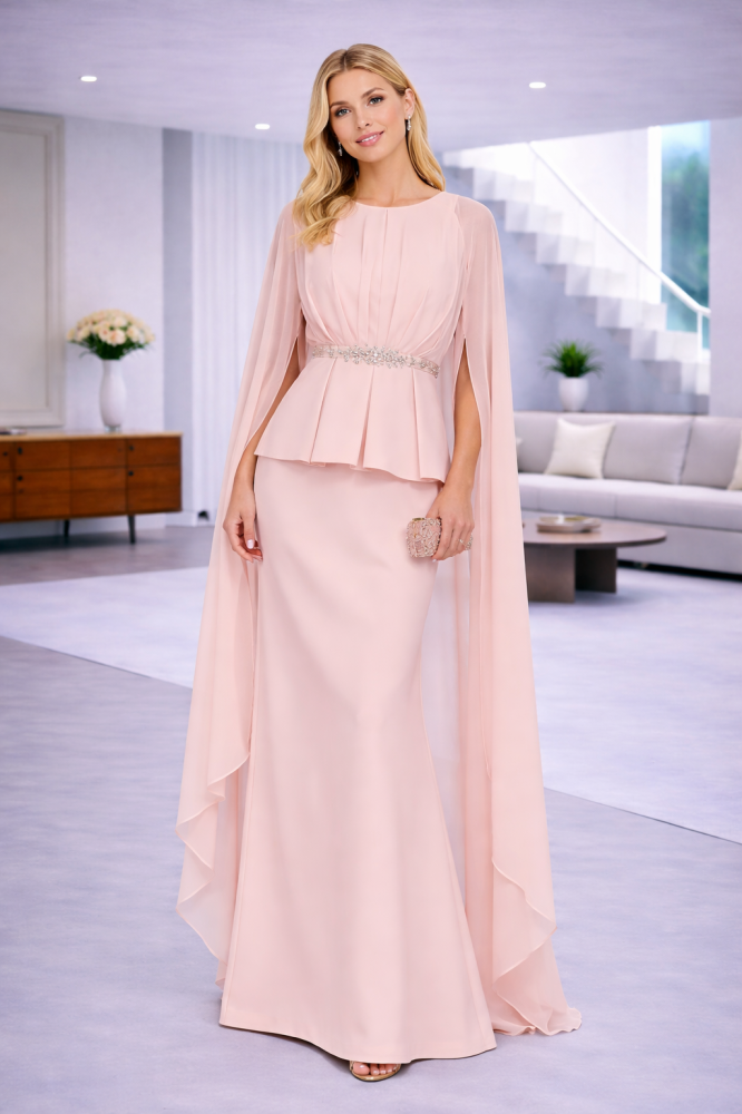 Evening dress with a feminine design, long cape, and a belt decorated with crystals