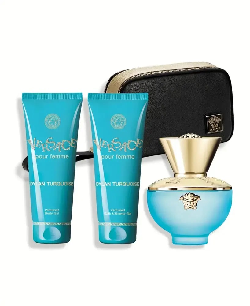 Versace Dylan Turquoise perfume set, 3 pieces: Eau de Toilette 100ml, shower gel 100ml, body lotion 100ml, and bag