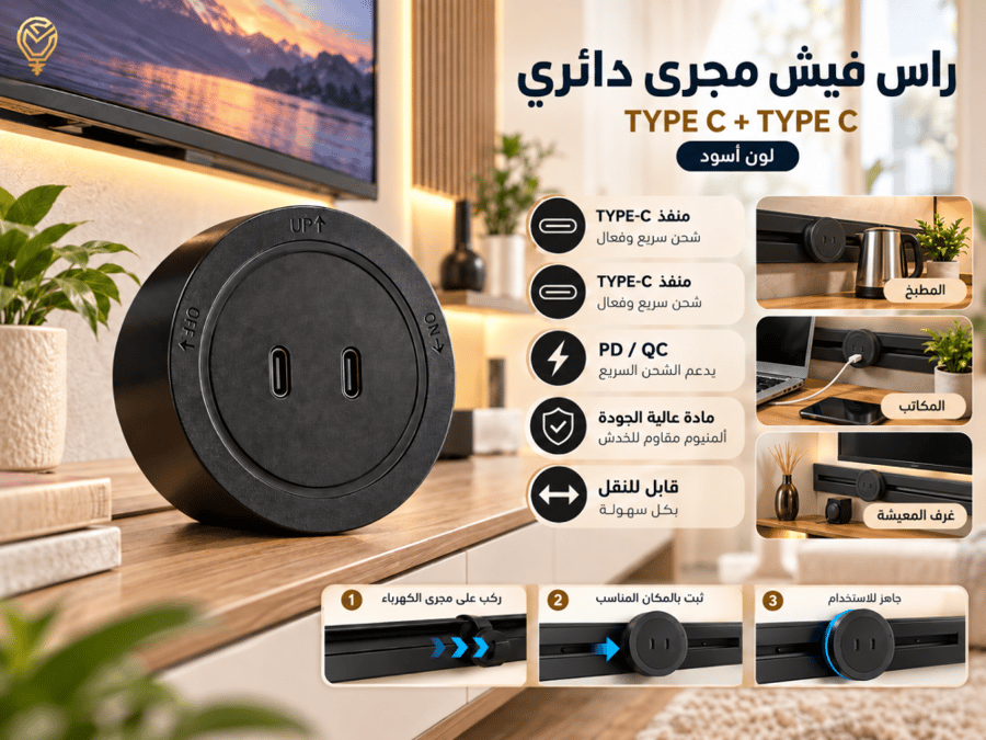 راس فيش مجرى دائري اسود ثنائي منفذين TYPE C + TYPE C