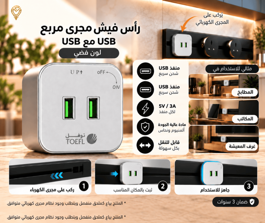 راس فيش مجرى مربع لون فضي منفذين USB توفل