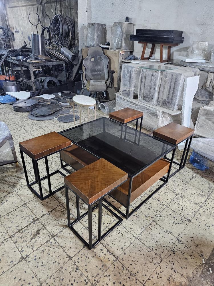 Wooden table set with walnut veneer