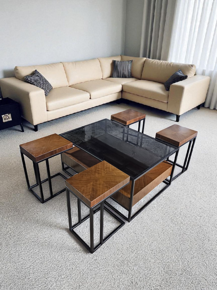 Wooden table set with walnut veneer