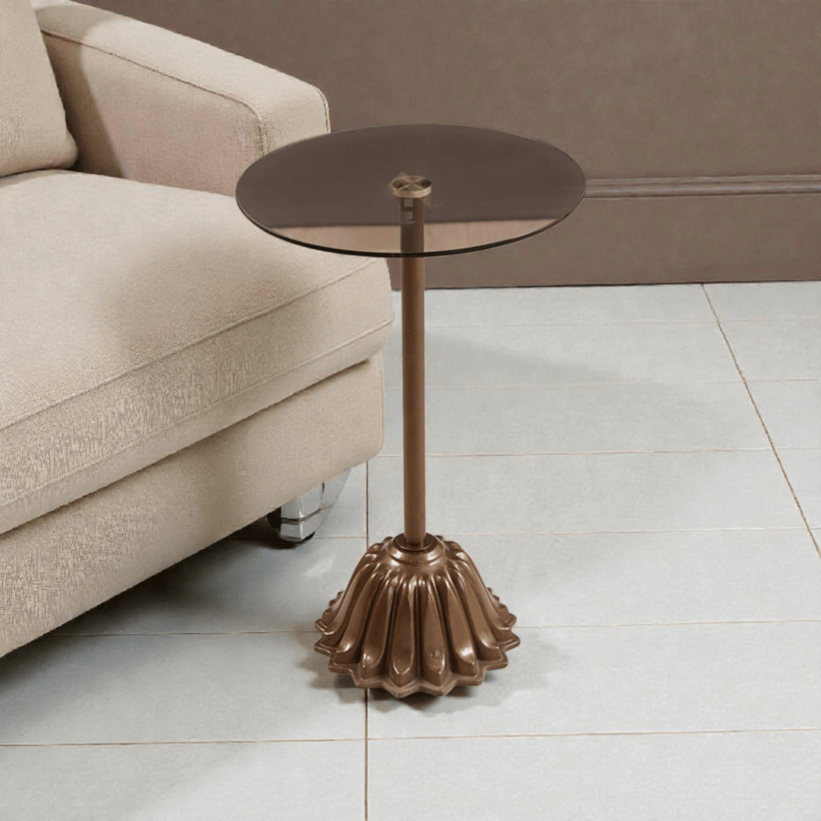 Service table with artificial marble copper legs, grass surface, 8 millimeter honey color