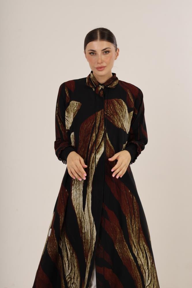 Printed black & brown abaya with guipure cuffs