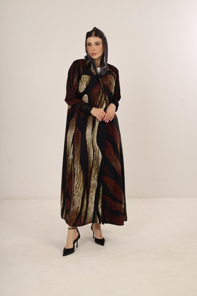 Printed black & brown abaya with guipure cuffs