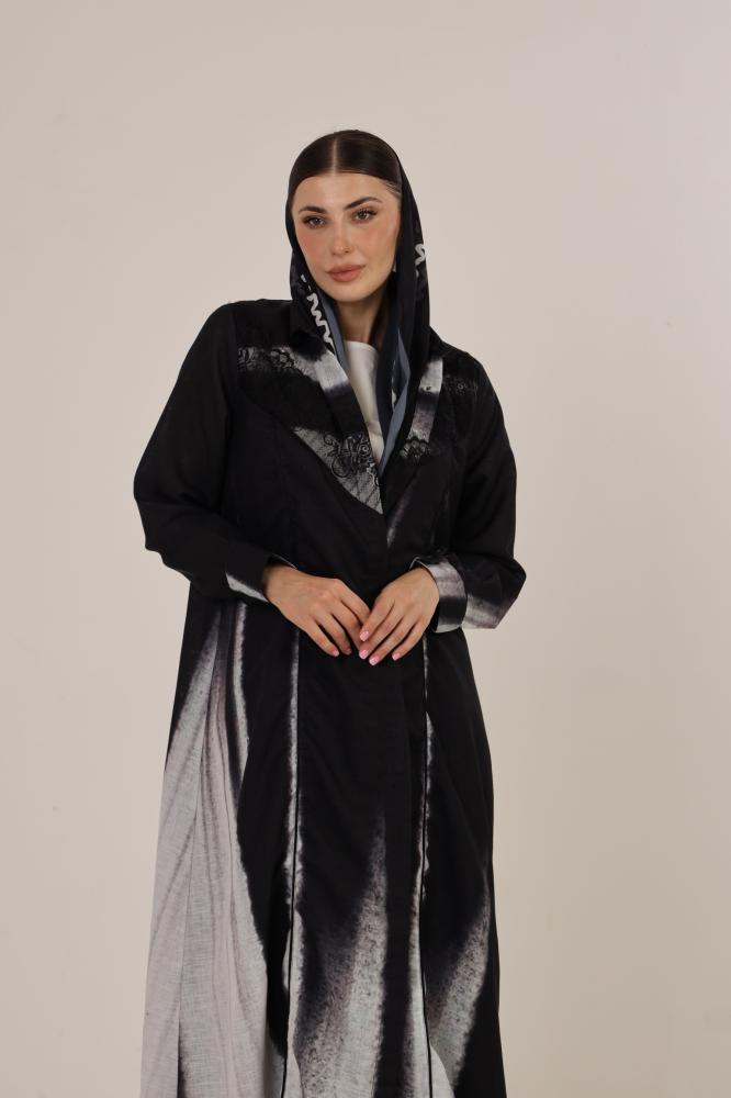 White to Black gradient linen abaya with lace on the chest and piped cuffs