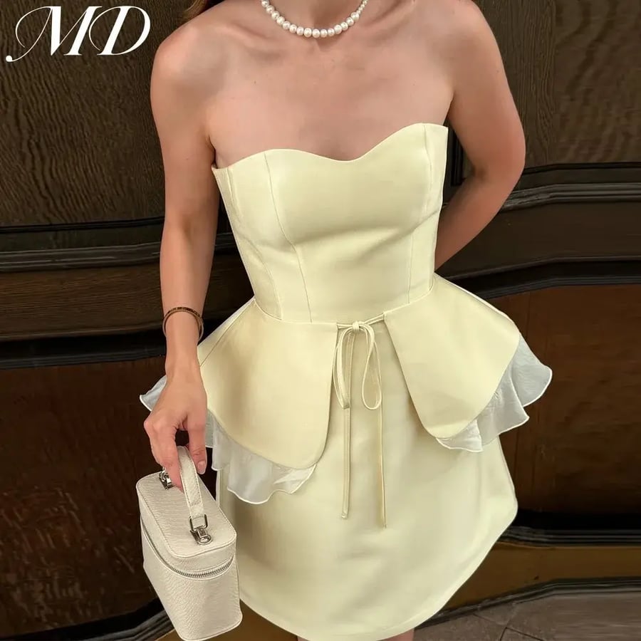 MD جديد أنيق الحبيب ثوب مسائي قصير الساتان الأصفر شال بلا أكمام مطوي كوكتيل Fساتين Shret مخصص 2025