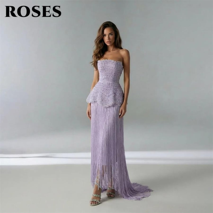 Light purple evening dress without straps – elegant design decorated with beads and lace with ruffles for a sophisticated and custom party look
