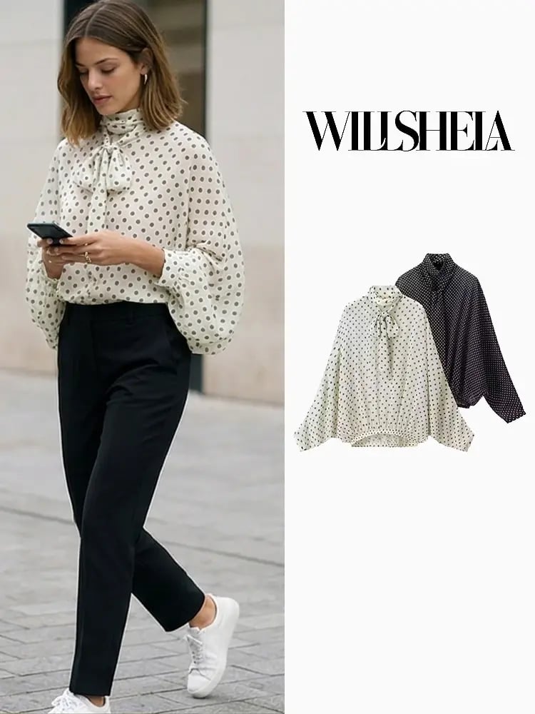بلوزة نسائية من Willshela بتصميم منقط وربطة عنق وياقة دائرية وأكمام طويلة، قمصان أنيقة للسيدات
