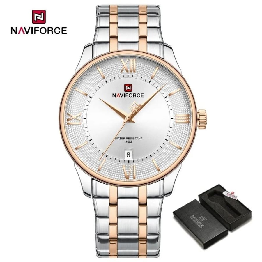NAVIFORCE ساعة رجالي كلاسيكية حزام الفولاذ المقاوم للصدأ 3ATM مقاوم للماساعة كرونوغراف رجالية NF9272S