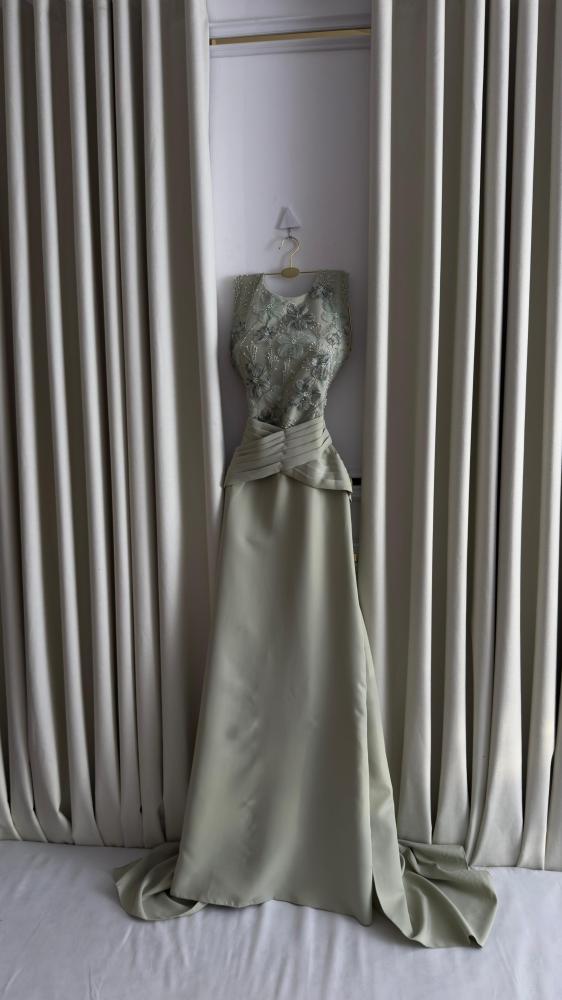 Elegant evening dress made of Barbie fabric with hand embroidery