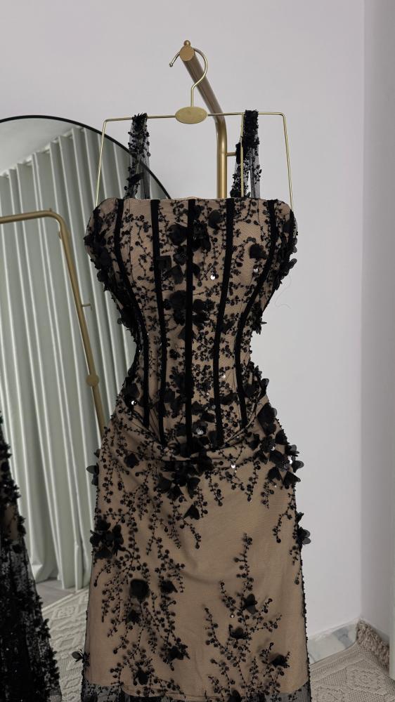 Elegant evening dress made of Barbie fabric with hand embroidery